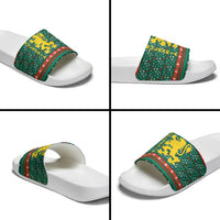 Bulgaria Christmas Slide Sandals with Green-Red Theme, Golden Lion, and Santa Sleigh Motif - Wonder Print Shop