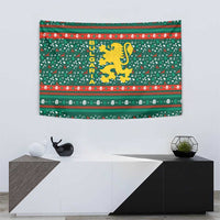 Bulgaria Christmas Tapestry with Green-Red Theme, Golden Lion, and Santa Sleigh Motif - Wonder Print Shop
