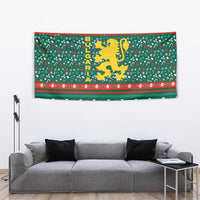 Bulgaria Christmas Tapestry with Green-Red Theme, Golden Lion, and Santa Sleigh Motif - Wonder Print Shop