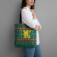 Bulgaria Christmas Tote Bag with Green-Red Theme, Golden Lion, and Santa Sleigh Motif - Wonder Print Shop
