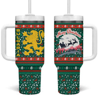 Bulgaria Christmas Tumbler With Handle with Green-Red Theme, Golden Lion, and Santa Sleigh Motif - Wonder Print Shop