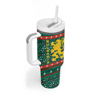 Bulgaria Christmas Tumbler With Handle with Green-Red Theme, Golden Lion, and Santa Sleigh Motif - Wonder Print Shop