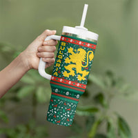 Bulgaria Christmas Tumbler With Handle with Green-Red Theme, Golden Lion, and Santa Sleigh Motif - Wonder Print Shop