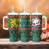 Bulgaria Christmas Tumbler With Handle with Green-Red Theme, Golden Lion, and Santa Sleigh Motif - Wonder Print Shop
