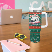 Bulgaria Christmas Tumbler With Handle with Green-Red Theme, Golden Lion, and Santa Sleigh Motif - Wonder Print Shop