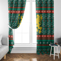 Bulgaria Christmas Window Curtain with Green-Red Theme, Golden Lion, and Santa Sleigh Motif - Wonder Print Shop