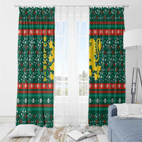 Bulgaria Christmas Window Curtain with Green-Red Theme, Golden Lion, and Santa Sleigh Motif - Wonder Print Shop