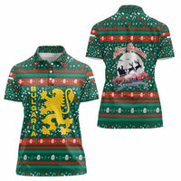 Bulgaria Christmas Women Polo Shirt with Green-Red Theme, Golden Lion, and Santa Sleigh Motif - Wonder Print Shop
