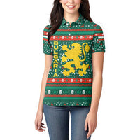 Bulgaria Christmas Women Polo Shirt with Green-Red Theme, Golden Lion, and Santa Sleigh Motif - Wonder Print Shop