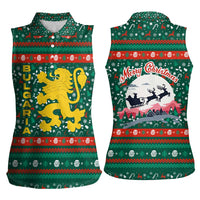 Bulgaria Christmas Women Sleeveless Polo Shirt with Green-Red Theme, Golden Lion, and Santa Sleigh Motif - Wonder Print Shop