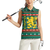 Bulgaria Christmas Women Sleeveless Polo Shirt with Green-Red Theme, Golden Lion, and Santa Sleigh Motif - Wonder Print Shop