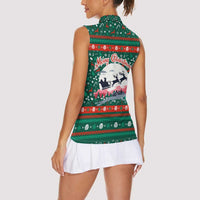 Bulgaria Christmas Women Sleeveless Polo Shirt with Green-Red Theme, Golden Lion, and Santa Sleigh Motif - Wonder Print Shop