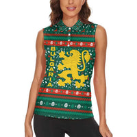 Bulgaria Christmas Women Sleeveless Polo Shirt with Green-Red Theme, Golden Lion, and Santa Sleigh Motif - Wonder Print Shop