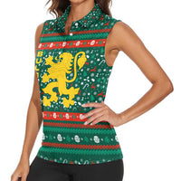 Bulgaria Christmas Women Sleeveless Polo Shirt with Green-Red Theme, Golden Lion, and Santa Sleigh Motif - Wonder Print Shop