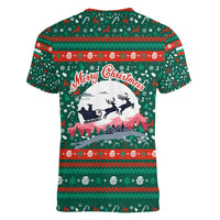 Bulgaria Christmas Women V-Neck T-Shirt with Green-Red Theme, Golden Lion, and Santa Sleigh Motif - Wonder Print Shop