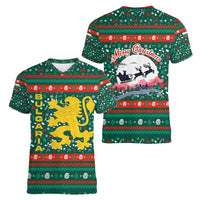 Bulgaria Christmas Women V-Neck T-Shirt with Green-Red Theme, Golden Lion, and Santa Sleigh Motif - Wonder Print Shop