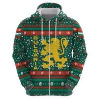 Bulgaria Christmas Zip Hoodie with Green-Red Theme, Golden Lion, and Santa Sleigh Motif - Wonder Print Shop