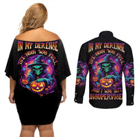 In My Defense I Was Left Unsupervised Halloween Couples Matching Off Shoulder Short Dress and Long Sleeve Button Shirt - Wonder Print Shop