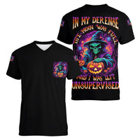 In My Defense I Was Left Unsupervised Halloween Women V Neck T Shirt - Wonder Print Shop
