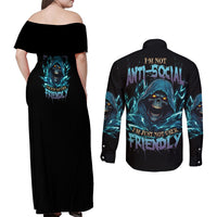 I'm Not Anti-social Mad Reaper Skull Couples Matching Off Shoulder Maxi Dress and Long Sleeve Button Shirt - Wonder Print Shop