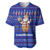 Cambodia Christmas Baseball Jersey with Santa in Traditional Outfit Elephant Dancers and Snowflake Pattern - Wonder Print Shop
