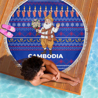 Cambodia Christmas Beach Blanket with Santa in Traditional Outfit Elephant Dancers and Snowflake Pattern - Wonder Print Shop