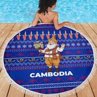 Cambodia Christmas Beach Blanket with Santa in Traditional Outfit Elephant Dancers and Snowflake Pattern - Wonder Print Shop