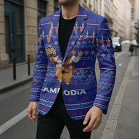 Cambodia Christmas Blazer with Santa in Traditional Outfit Elephant Dancers and Snowflake Pattern - Wonder Print Shop