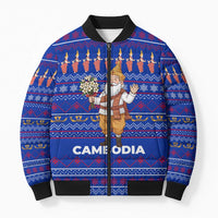 Cambodia Christmas Bomber Puffer Jacket with Santa in Traditional Outfit Elephant Dancers and Snowflake Pattern - Wonder Print Shop