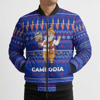 Cambodia Christmas Bomber Puffer Jacket with Santa in Traditional Outfit Elephant Dancers and Snowflake Pattern - Wonder Print Shop