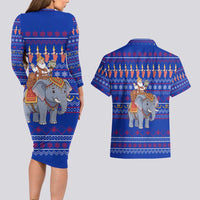 Cambodia Christmas Couples Matching Long Sleeve Bodycon Dress and Hawaiian Shirt with Santa in Traditional Outfit Elephant Dancers and Snowflake Pattern - Wonder Print Shop