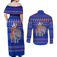 Cambodia Christmas Couples Matching Off Shoulder Maxi Dress and Long Sleeve Button Shirt with Santa in Traditional Outfit Elephant Dancers and Snowflake Pattern - Wonder Print Shop