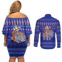 Cambodia Christmas Couples Matching Off Shoulder Short Dress and Long Sleeve Button Shirt with Santa in Traditional Outfit Elephant Dancers and Snowflake Pattern - Wonder Print Shop