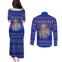 Cambodia Christmas Couples Matching Puletasi and Long Sleeve Button Shirt with Santa in Traditional Outfit Elephant Dancers and Snowflake Pattern - Wonder Print Shop