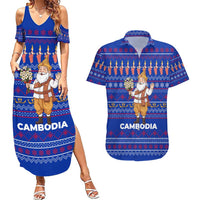 Cambodia Christmas Couples Matching Summer Maxi Dress and Hawaiian Shirt with Santa in Traditional Outfit Elephant Dancers and Snowflake Pattern - Wonder Print Shop
