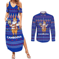 Cambodia Christmas Couples Matching Summer Maxi Dress and Long Sleeve Button Shirt with Santa in Traditional Outfit Elephant Dancers and Snowflake Pattern - Wonder Print Shop