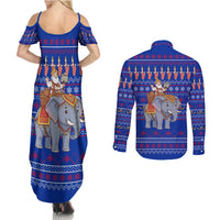 Cambodia Christmas Couples Matching Summer Maxi Dress and Long Sleeve Button Shirt with Santa in Traditional Outfit Elephant Dancers and Snowflake Pattern - Wonder Print Shop
