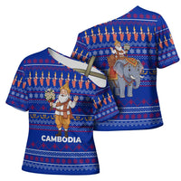 Cambodia Christmas Cross Shoulder Shirt with Santa in Traditional Outfit Elephant Dancers and Snowflake Pattern - Wonder Print Shop