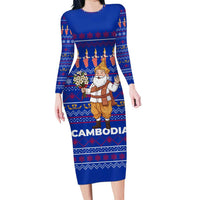 Cambodia Christmas Family Matching Long Sleeve Bodycon Dress and Hawaiian Shirt with Santa in Traditional Outfit Elephant Dancers and Snowflake Pattern - Wonder Print Shop