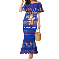 Cambodia Christmas Family Matching Mermaid Dress and Hawaiian Shirt with Santa in Traditional Outfit Elephant Dancers and Snowflake Pattern - Wonder Print Shop