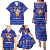 Cambodia Christmas Family Matching Puletasi and Hawaiian Shirt with Santa in Traditional Outfit Elephant Dancers and Snowflake Pattern - Wonder Print Shop