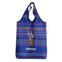 Cambodia Christmas Grocery Bag with Santa in Traditional Outfit Elephant Dancers and Snowflake Pattern - Wonder Print Shop
