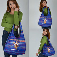 Cambodia Christmas Grocery Bag with Santa in Traditional Outfit Elephant Dancers and Snowflake Pattern - Wonder Print Shop