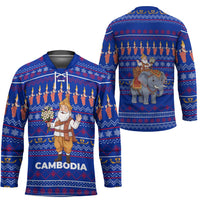 Cambodia Christmas Hockey Jersey with Santa in Traditional Outfit Elephant Dancers and Snowflake Pattern - Wonder Print Shop