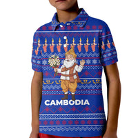 Cambodia Christmas Kid Polo Shirt with Santa in Traditional Outfit Elephant Dancers and Snowflake Pattern - Wonder Print Shop