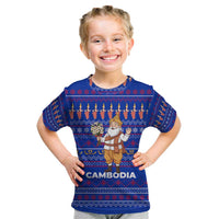 Cambodia Christmas Kid T Shirt with Santa in Traditional Outfit Elephant Dancers and Snowflake Pattern - Wonder Print Shop