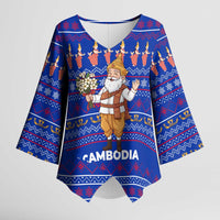 Cambodia Christmas Kimono Sleeve Blouse with Santa in Traditional Outfit Elephant Dancers and Snowflake Pattern - Wonder Print Shop