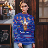 Cambodia Christmas Ugly Christmas Sweater with Santa in Traditional Outfit Elephant Dancers and Snowflake Pattern - Wonder Print Shop