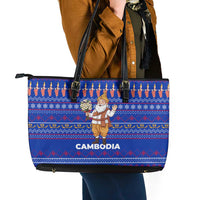 Cambodia Christmas Leather Tote Bag with Santa in Traditional Outfit Elephant Dancers and Snowflake Pattern - Wonder Print Shop