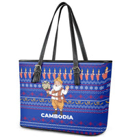 Cambodia Christmas Leather Tote Bag with Santa in Traditional Outfit Elephant Dancers and Snowflake Pattern - Wonder Print Shop